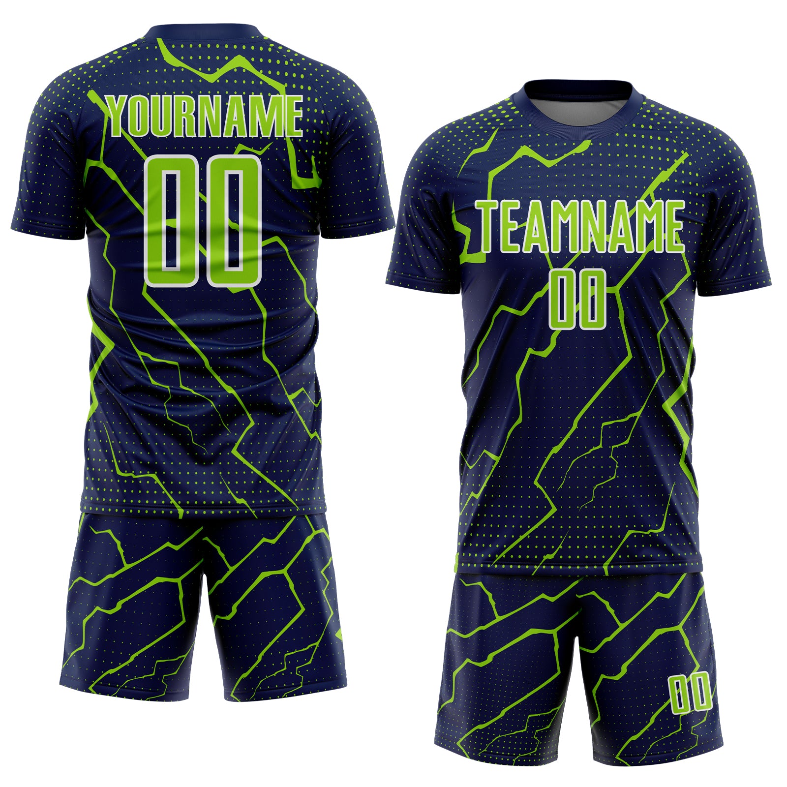 Custom Navy Neon Green-White Lightning Sports Sublimation Soccer Uniform Jersey