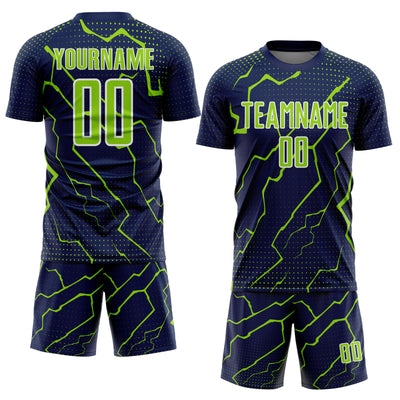 Custom Navy Neon Green-White Lightning Sports Sublimation Soccer Uniform Jersey