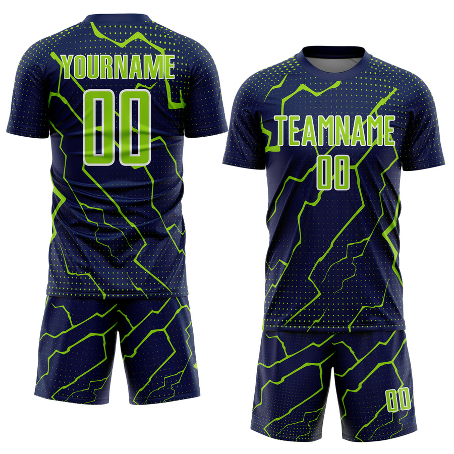 Custom Navy Neon Green-White Lightning Sports Sublimation Soccer Uniform Jersey