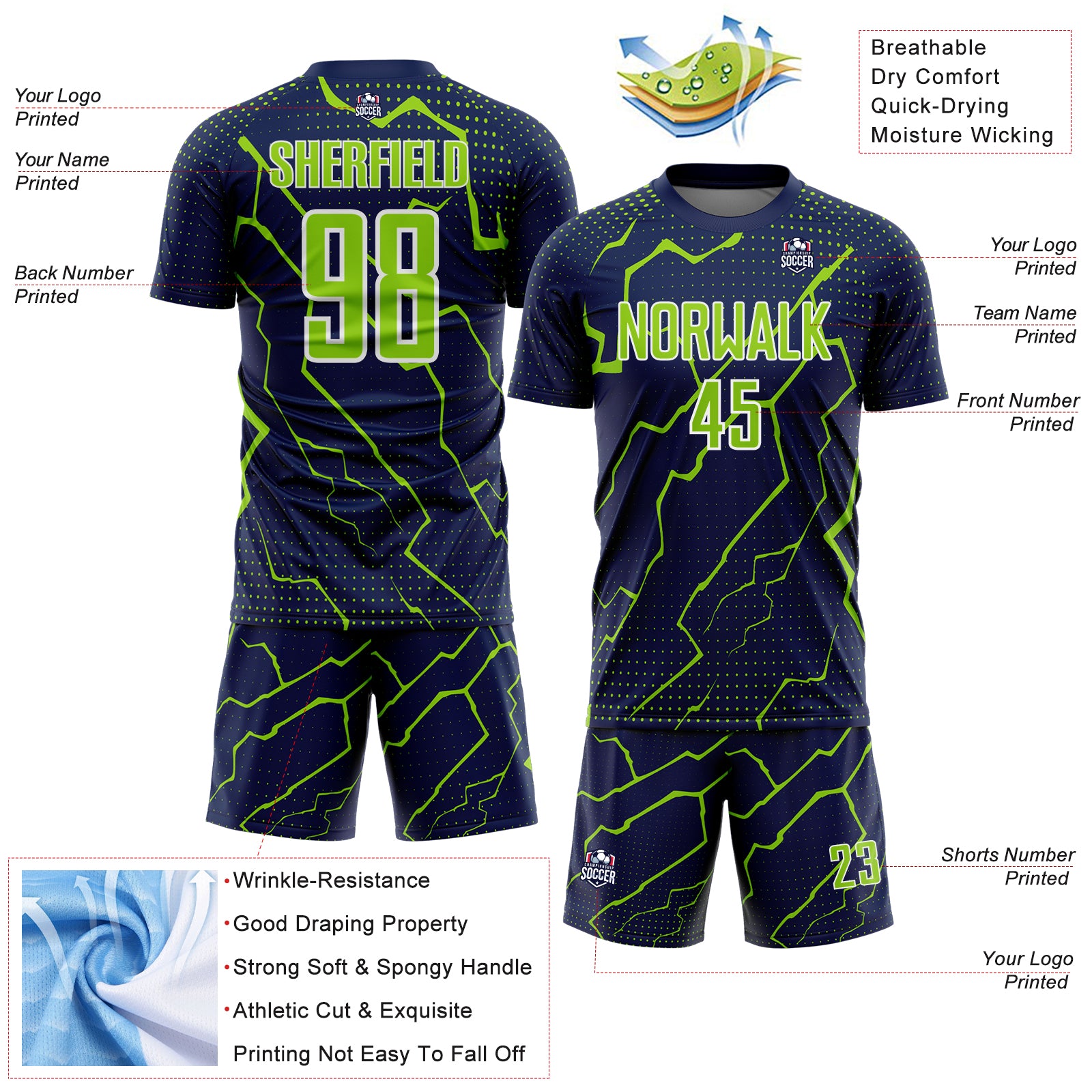 Custom Navy Neon Green-White Lightning Sports Sublimation Soccer Uniform Jersey