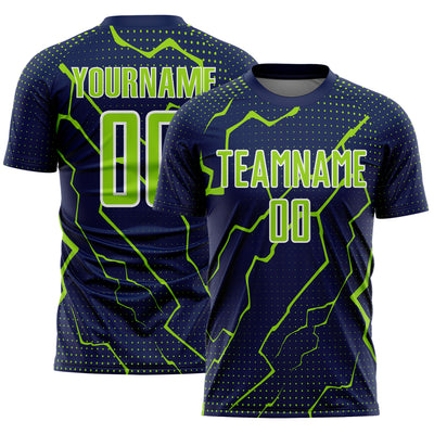 Custom Navy Neon Green-White Lightning Sports Sublimation Soccer Uniform Jersey