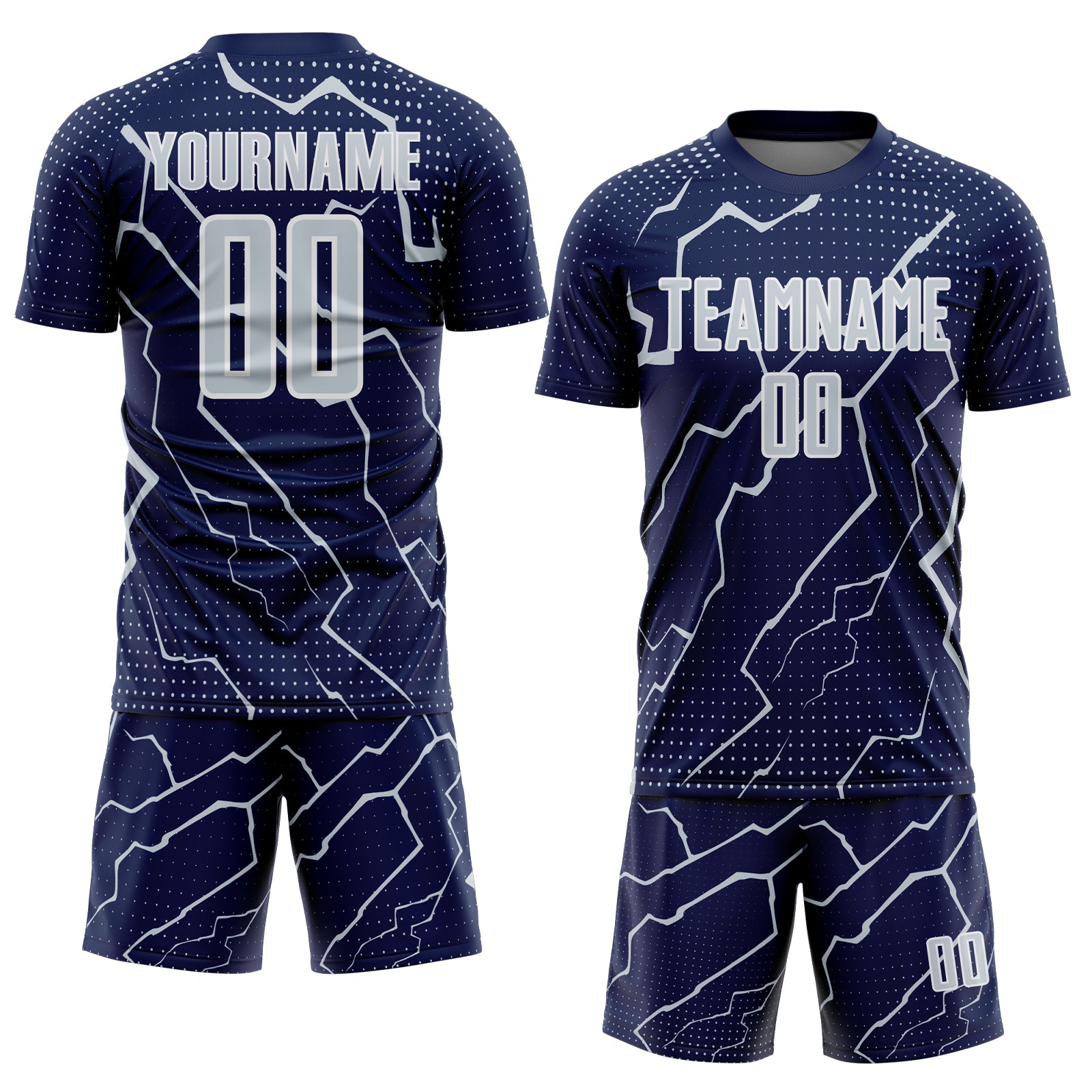 Custom Navy Silver-White Lightning Sports Sublimation Soccer Uniform Jersey