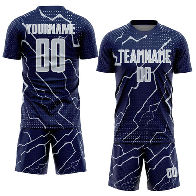 Custom Navy Silver-White Lightning Sports Sublimation Soccer Uniform Jersey