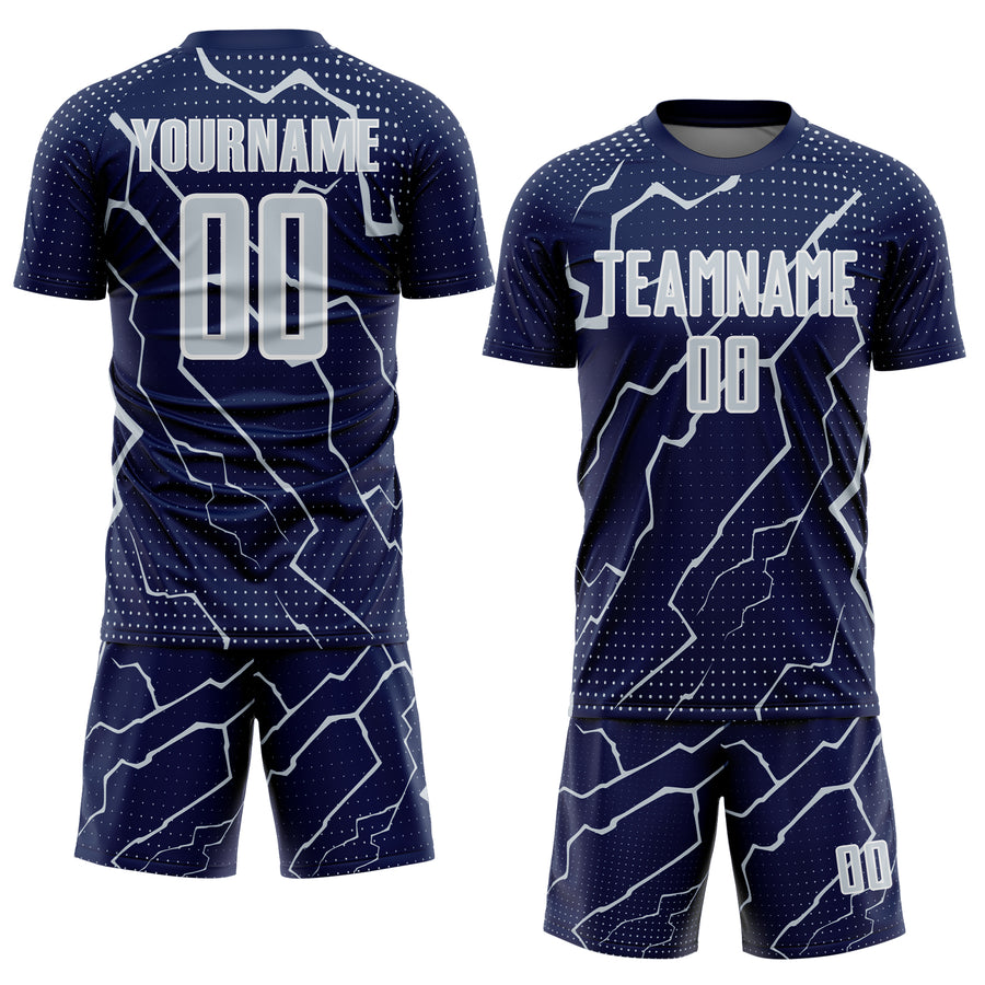 Custom Navy Silver-White Lightning Sports Sublimation Soccer Uniform Jersey