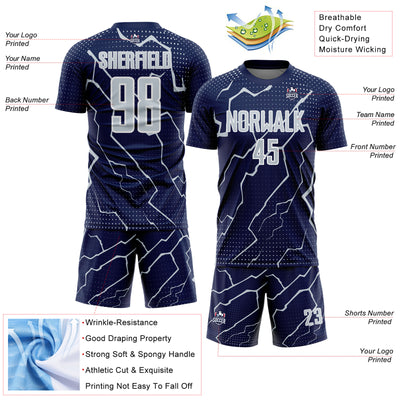 Custom Navy Silver-White Lightning Sports Sublimation Soccer Uniform Jersey