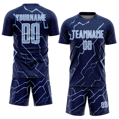 Custom Navy Light Blue-White Lightning Sports Sublimation Soccer Uniform Jersey