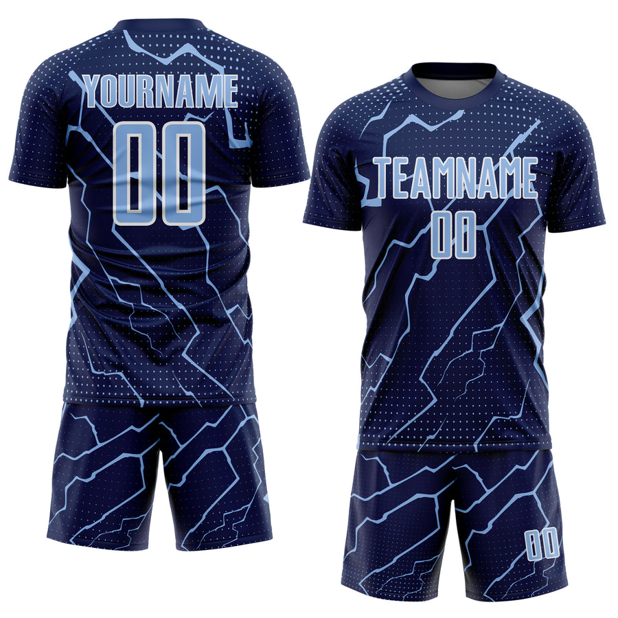Custom Navy Light Blue-White Lightning Sports Sublimation Soccer Uniform Jersey