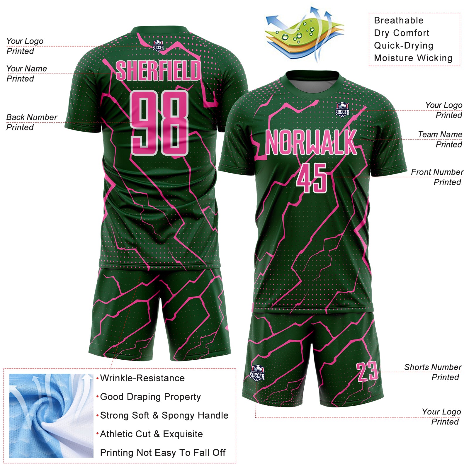Custom Green Pink-White Lightning Sports Sublimation Soccer Uniform Jersey