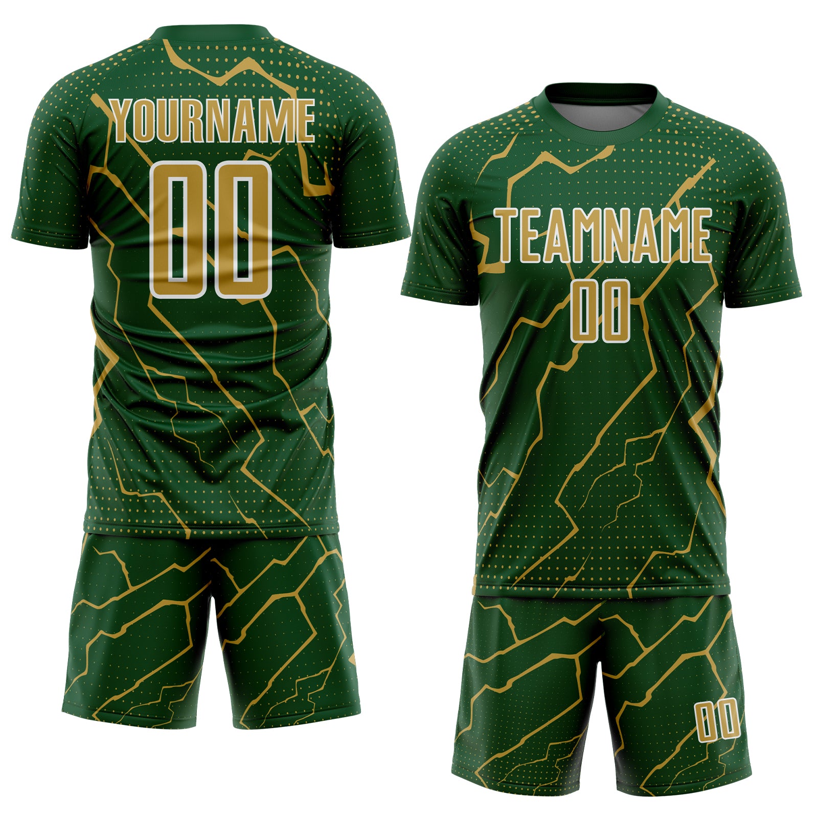 Custom Green Old Gold-White Lightning Sports Sublimation Soccer Uniform Jersey