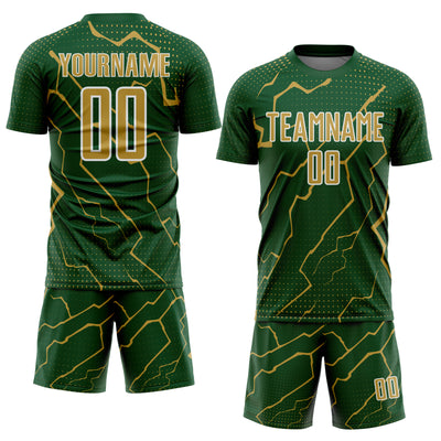 Custom Green Old Gold-White Lightning Sports Sublimation Soccer Uniform Jersey