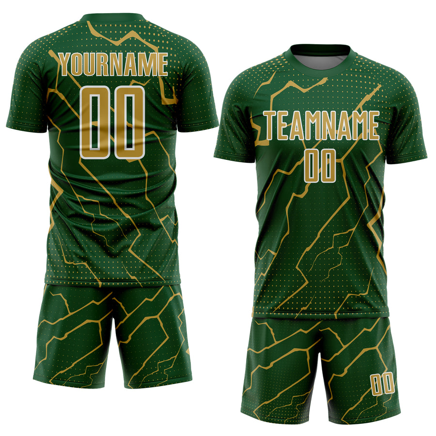Custom Green Old Gold-White Lightning Sports Sublimation Soccer Uniform Jersey