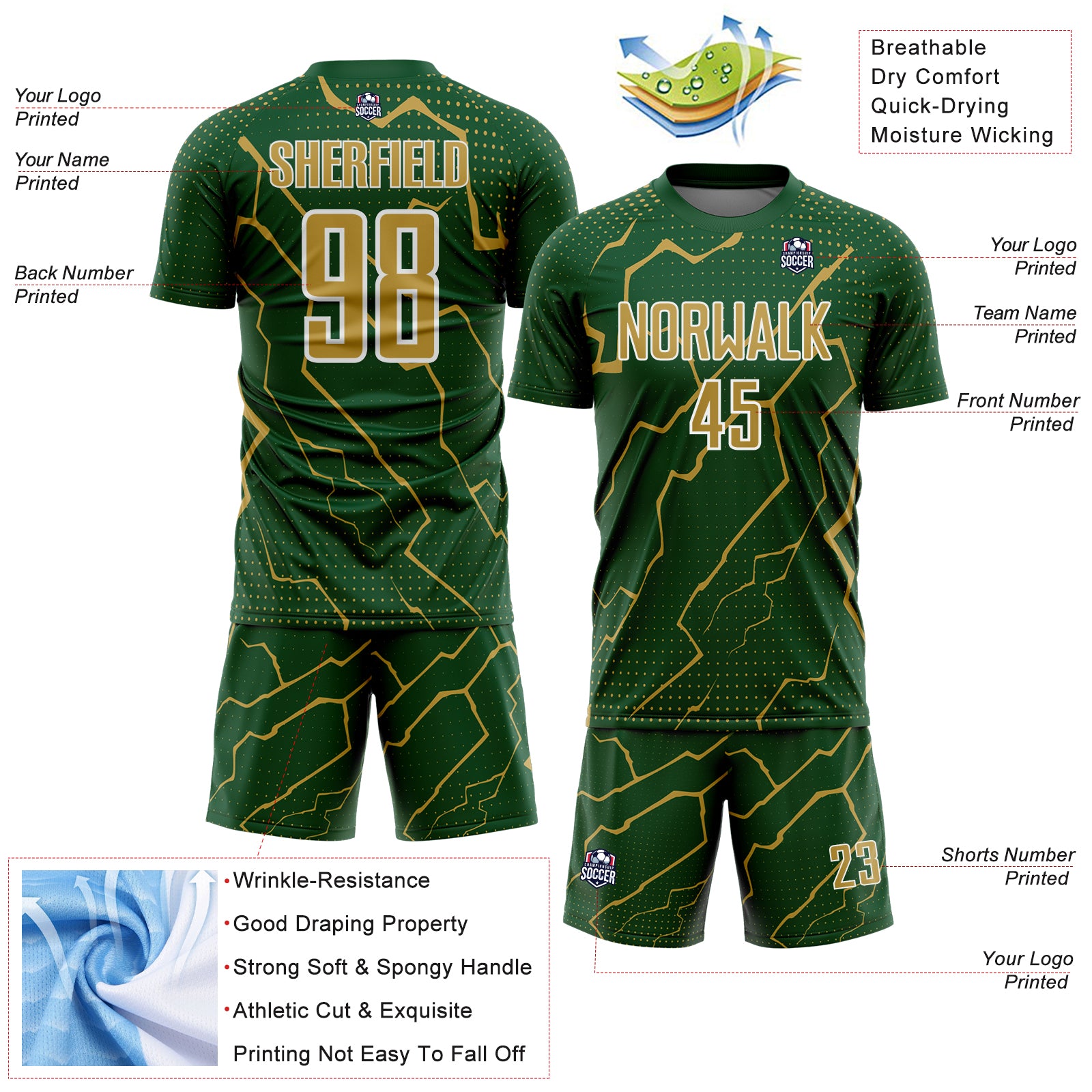 Custom Green Old Gold-White Lightning Sports Sublimation Soccer Uniform Jersey