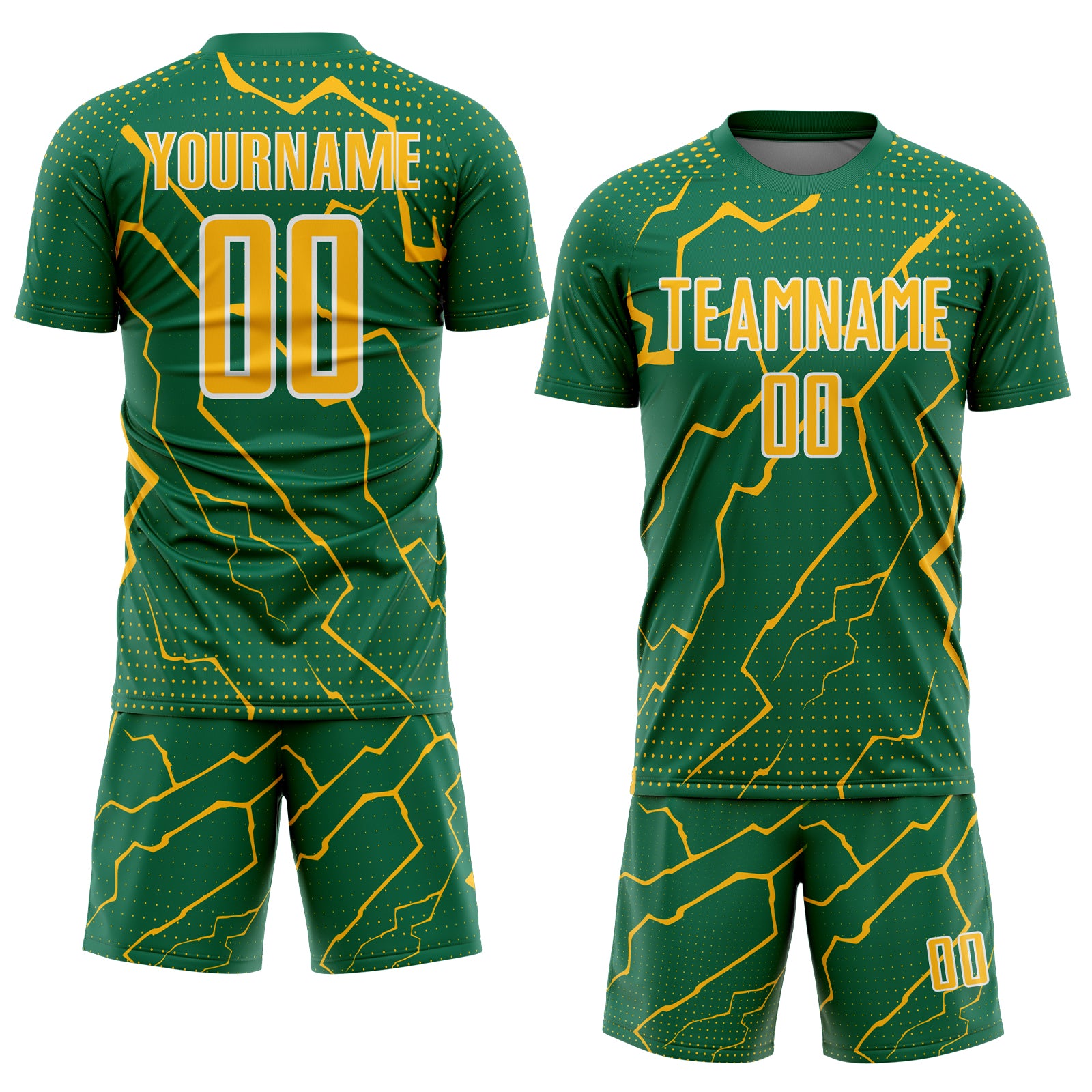 Custom Kelly Green Gold-White Lightning Sports Sublimation Soccer Uniform Jersey