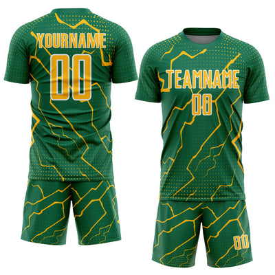 Custom Kelly Green Gold-White Lightning Sports Sublimation Soccer Uniform Jersey