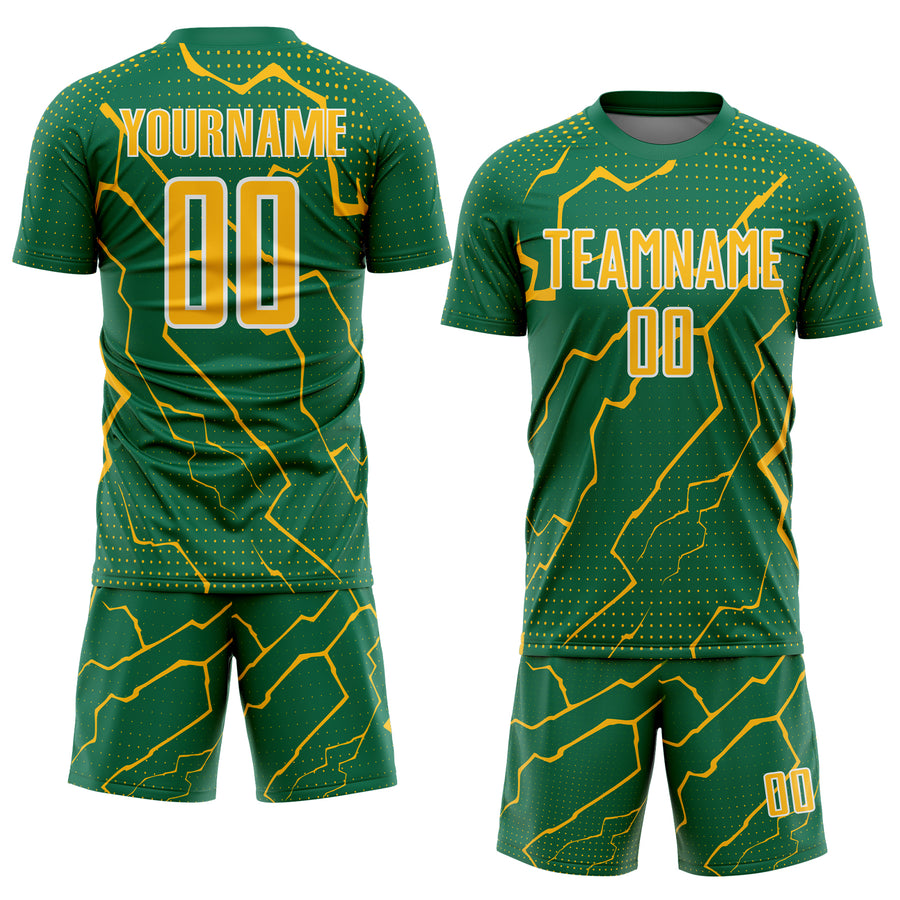 Custom Kelly Green Gold-White Lightning Sports Sublimation Soccer Uniform Jersey