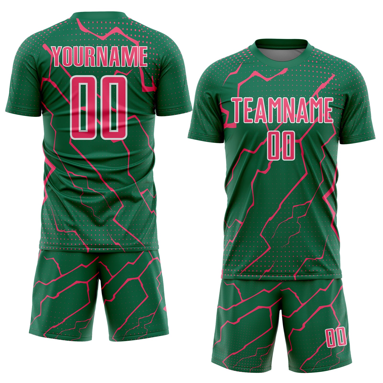 Custom Kelly Green Neon Pink-White Lightning Sports Sublimation Soccer Uniform Jersey