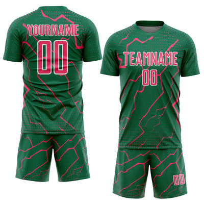 Custom Kelly Green Neon Pink-White Lightning Sports Sublimation Soccer Uniform Jersey