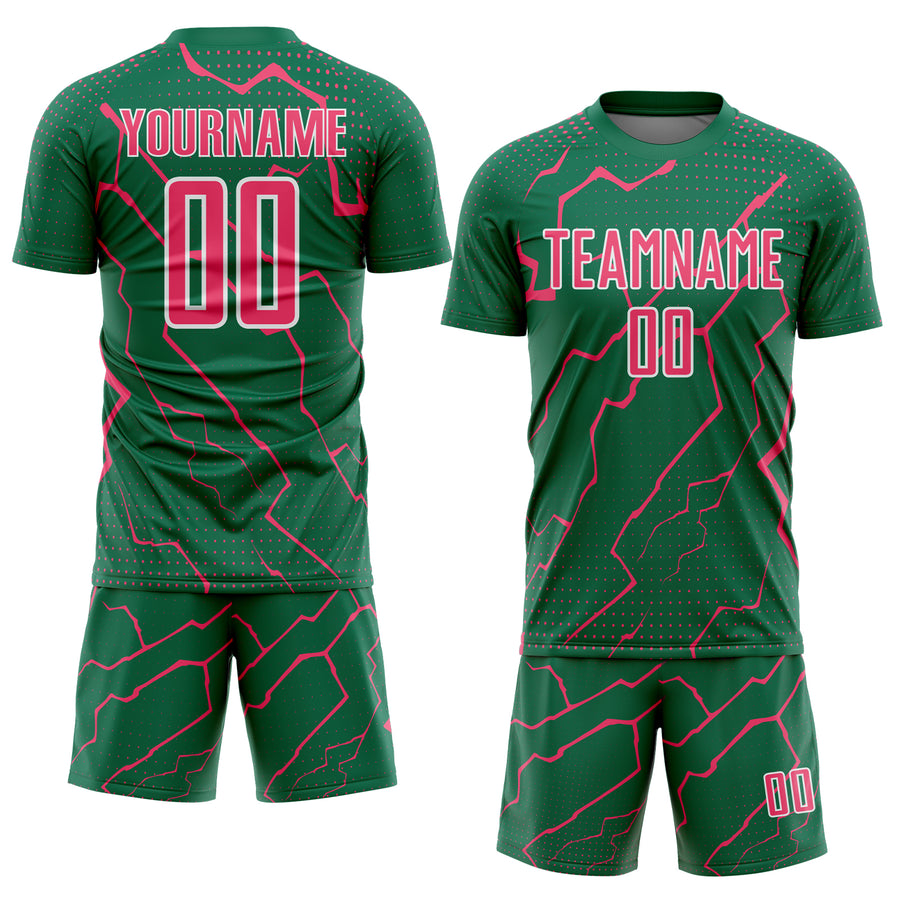 Custom Kelly Green Neon Pink-White Lightning Sports Sublimation Soccer Uniform Jersey