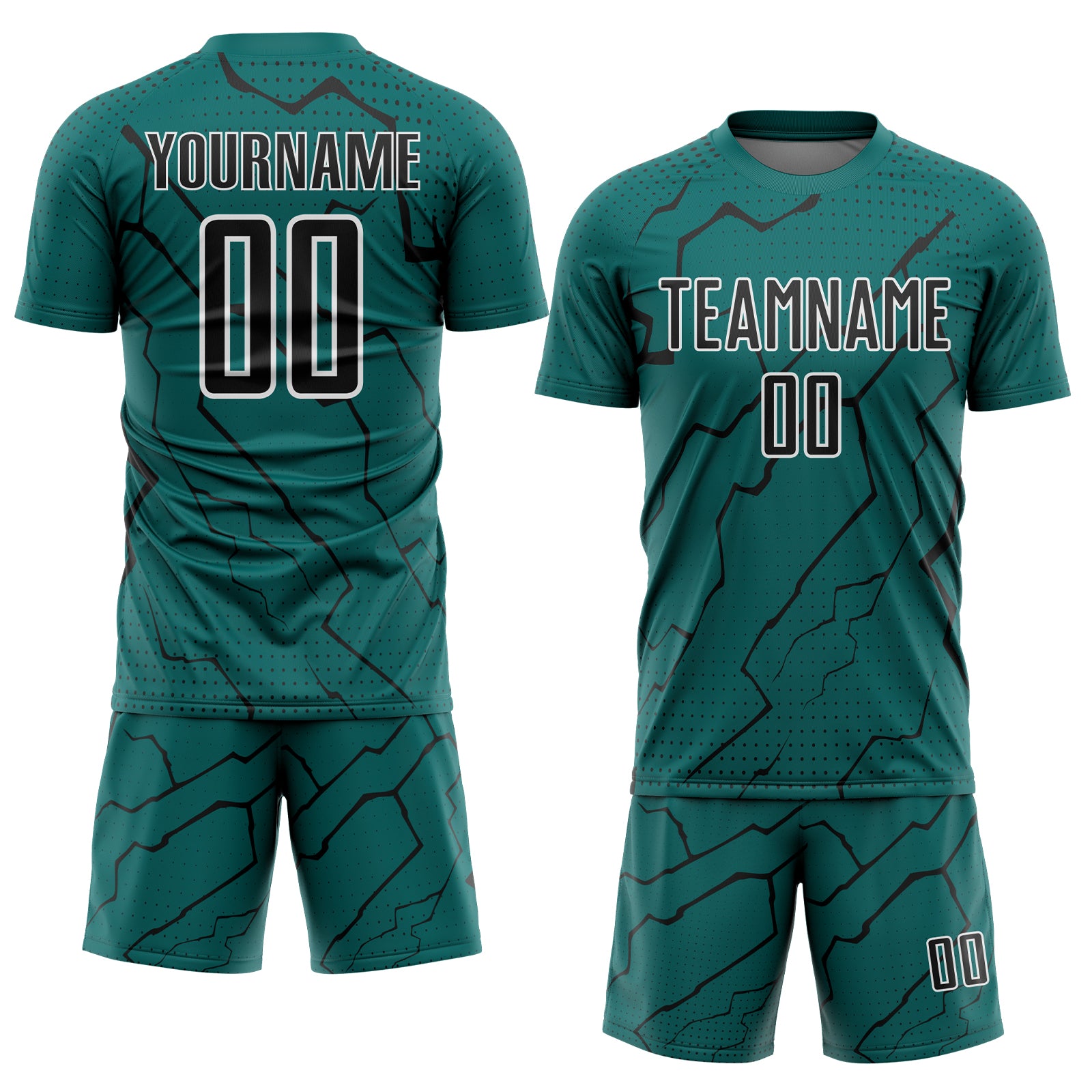 Custom Teal Black-White Lightning Sports Sublimation Soccer Uniform Jersey