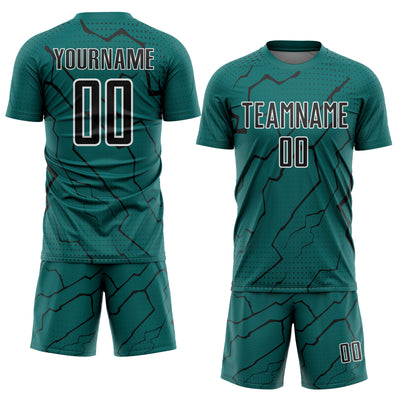 Custom Teal Black-White Lightning Sports Sublimation Soccer Uniform Jersey