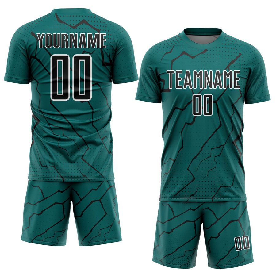 Custom Teal Black-White Lightning Sports Sublimation Soccer Uniform Jersey