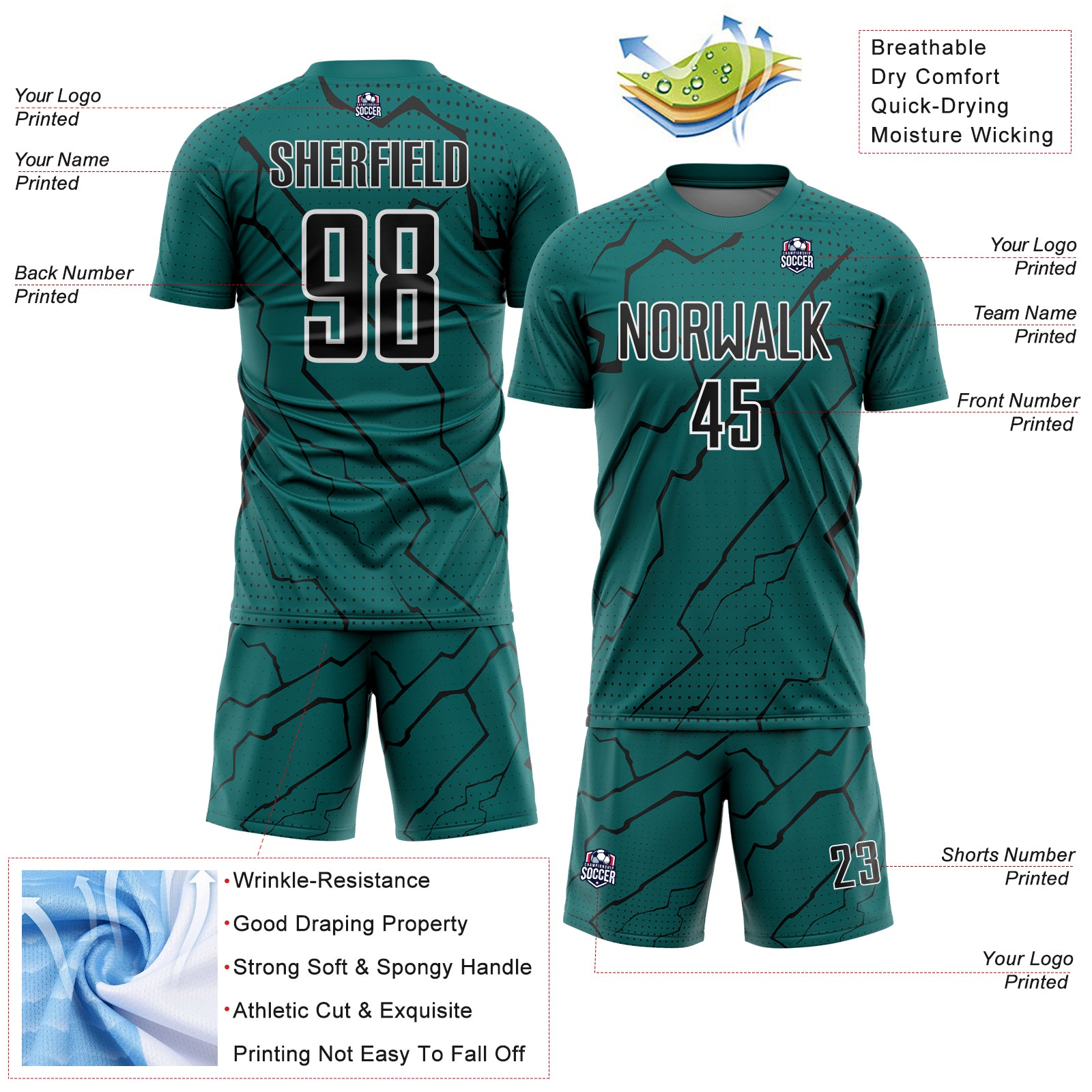 Custom Teal Black-White Lightning Sports Sublimation Soccer Uniform Jersey