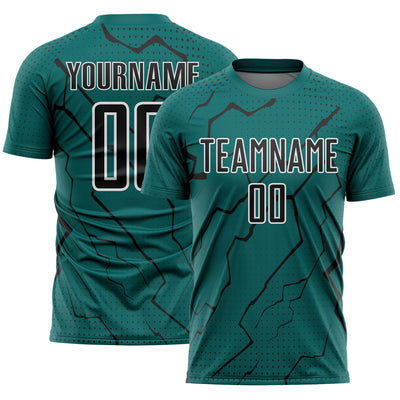 Custom Teal Black-White Lightning Sports Sublimation Soccer Uniform Jersey