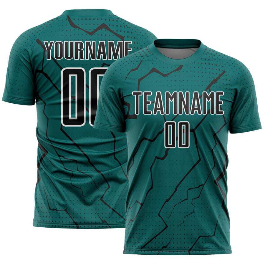Custom Teal Black-White Lightning Sports Sublimation Soccer Uniform Jersey