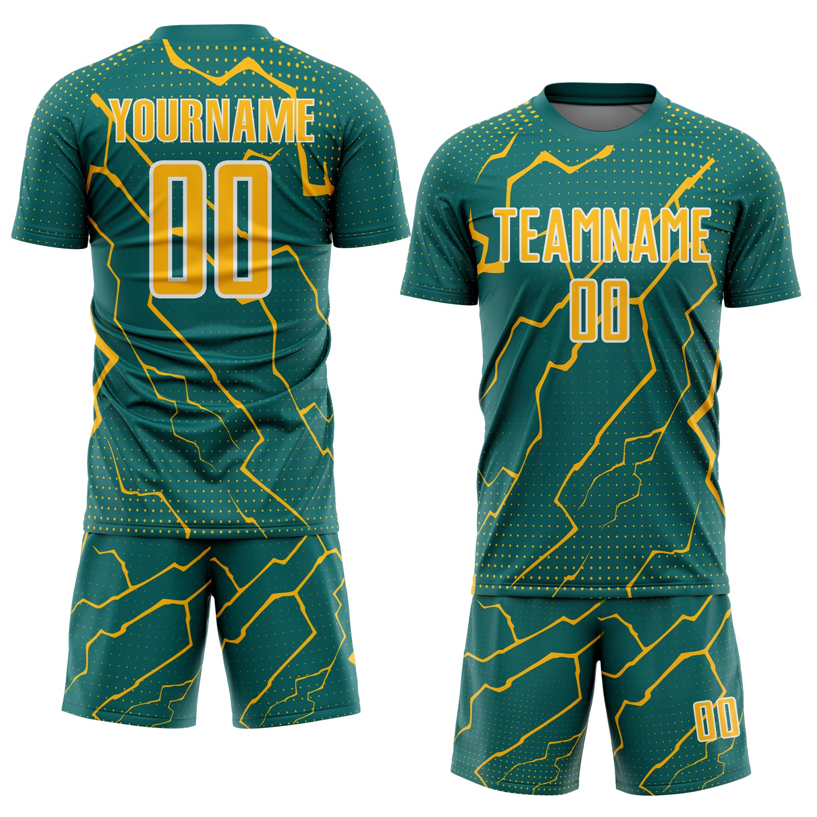 Custom Teal Gold-White Lightning Sports Sublimation Soccer Uniform Jersey