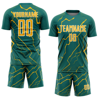 Custom Teal Gold-White Lightning Sports Sublimation Soccer Uniform Jersey