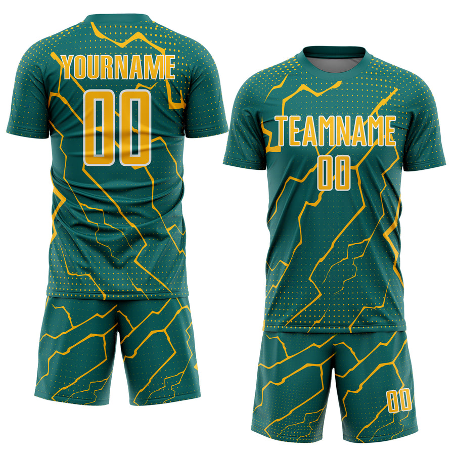 Custom Teal Gold-White Lightning Sports Sublimation Soccer Uniform Jersey