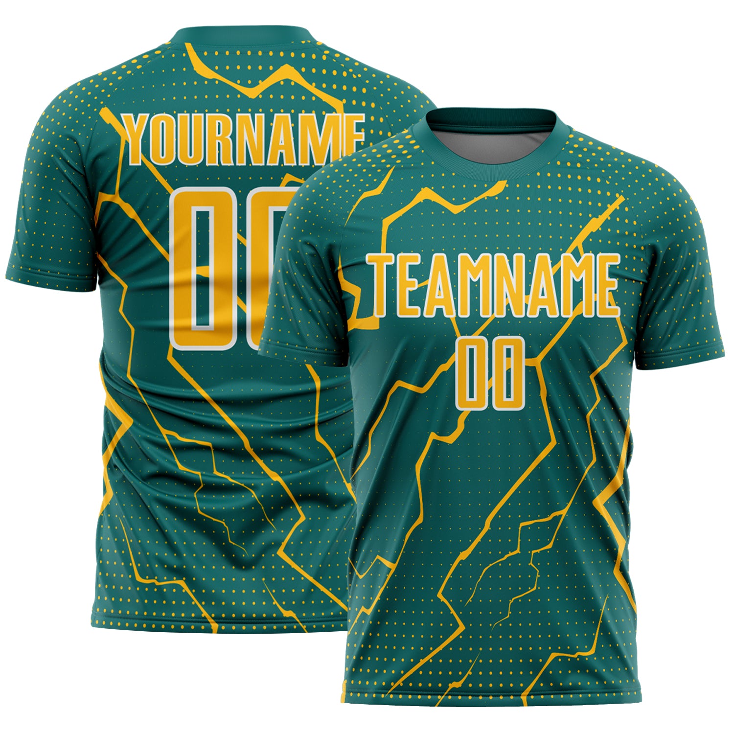 Custom Teal Gold-White Lightning Sports Sublimation Soccer Uniform Jersey