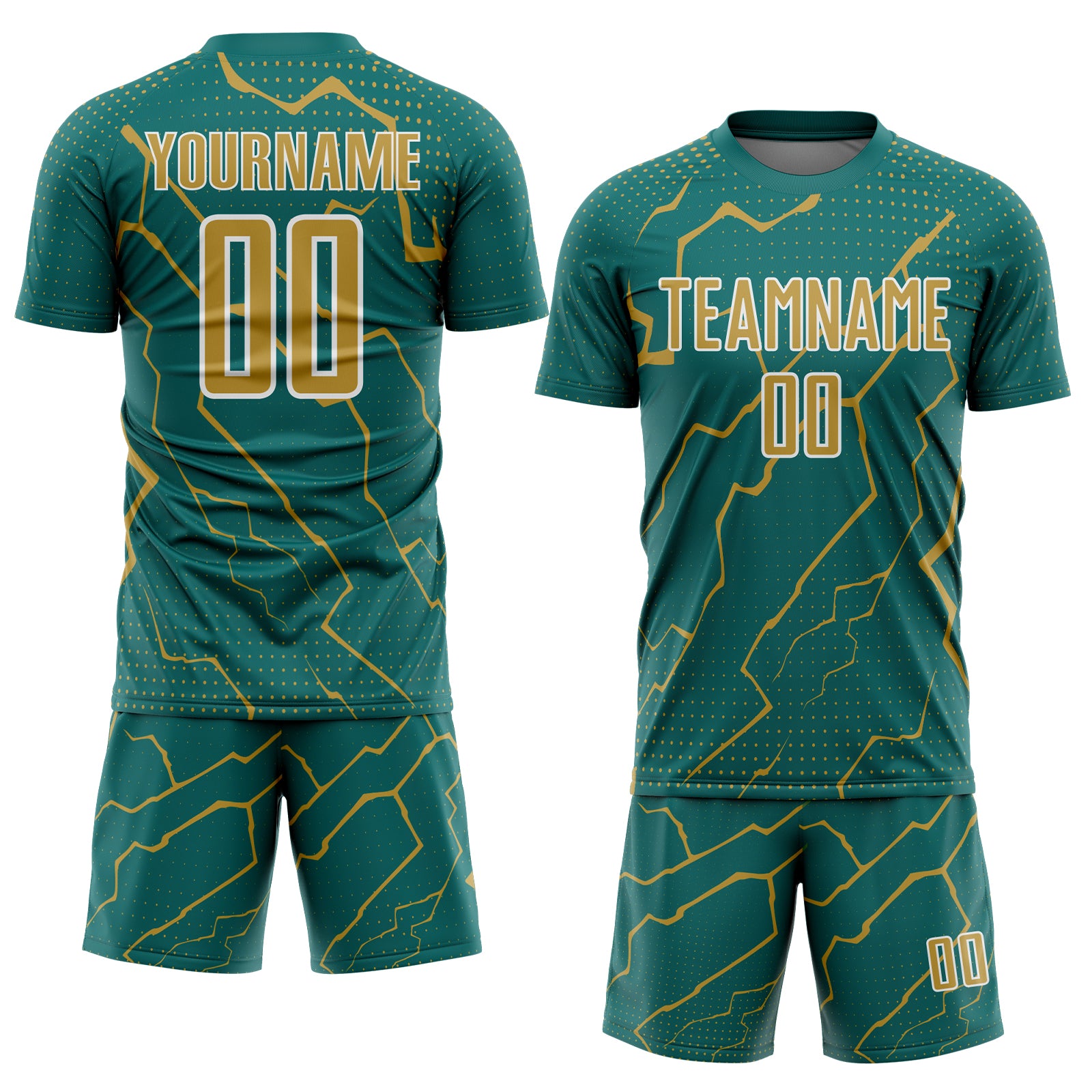 Custom Teal Old Gold-White Lightning Sports Sublimation Soccer Uniform Jersey