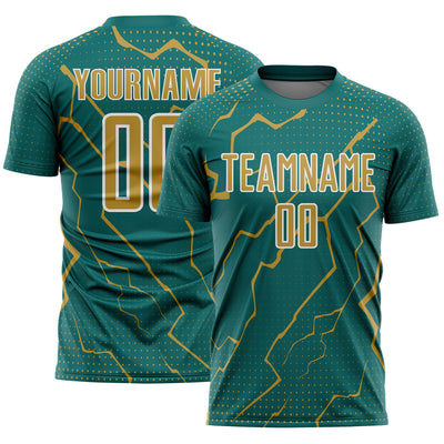 Custom Teal Old Gold-White Lightning Sports Sublimation Soccer Uniform Jersey