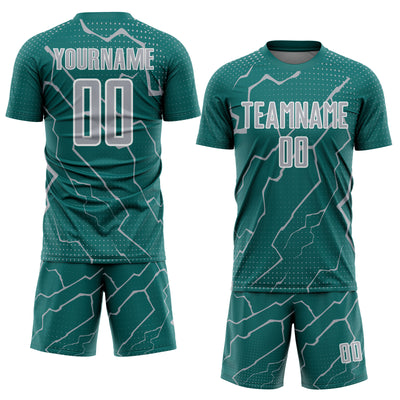 Custom Teal Gray-White Lightning Sports Sublimation Soccer Uniform Jersey