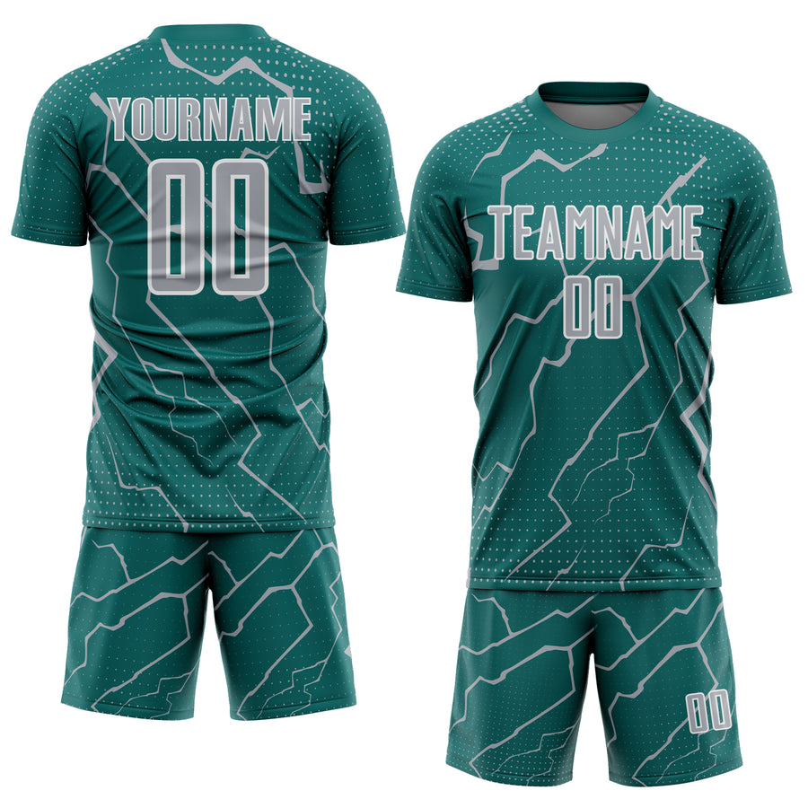 Custom Teal Gray-White Lightning Sports Sublimation Soccer Uniform Jersey
