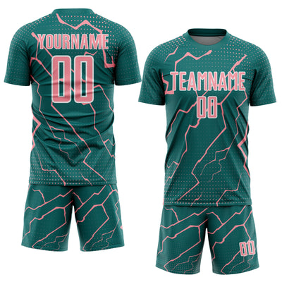 Custom Teal Medium Pink-White Lightning Sports Sublimation Soccer Uniform Jersey