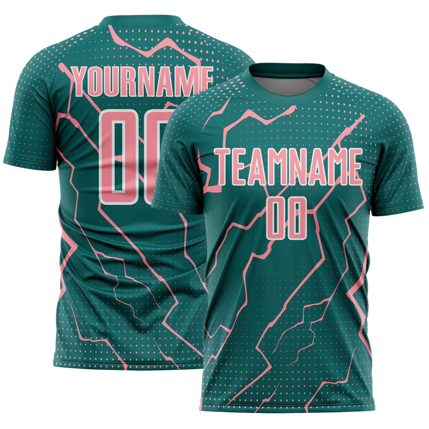 Custom Teal Medium Pink-White Lightning Sports Sublimation Soccer Uniform Jersey