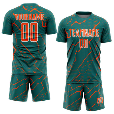 Custom Teal Orange-White Lightning Sports Sublimation Soccer Uniform Jersey