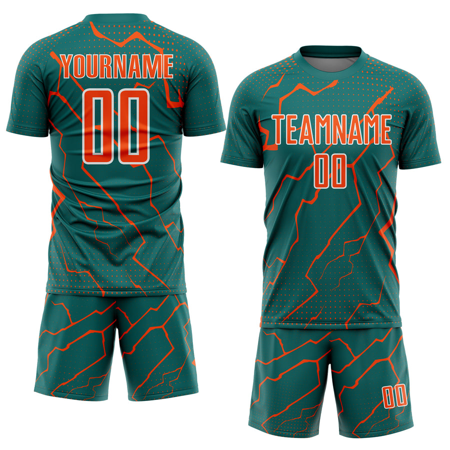 Custom Teal Orange-White Lightning Sports Sublimation Soccer Uniform Jersey