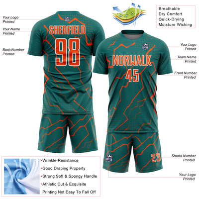 Custom Teal Orange-White Lightning Sports Sublimation Soccer Uniform Jersey