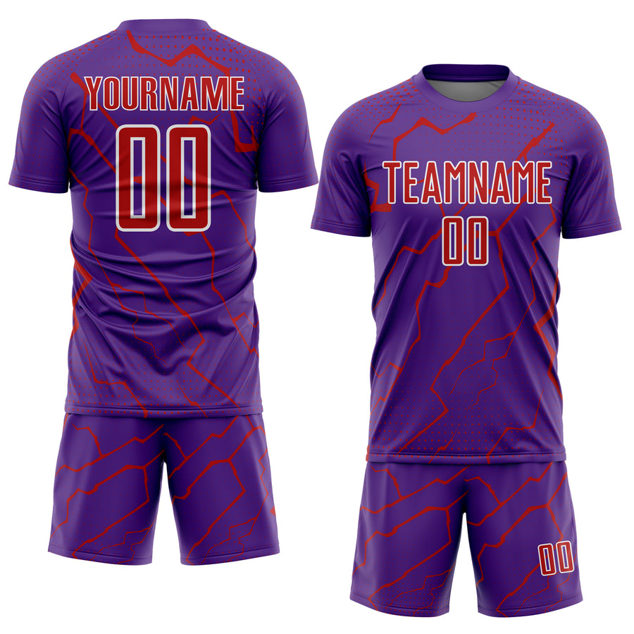 Custom Purple Red-White Lightning Sports Sublimation Soccer Uniform Jersey