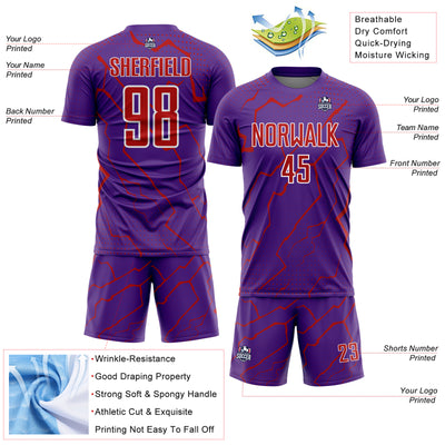 Custom Purple Red-White Lightning Sports Sublimation Soccer Uniform Jersey