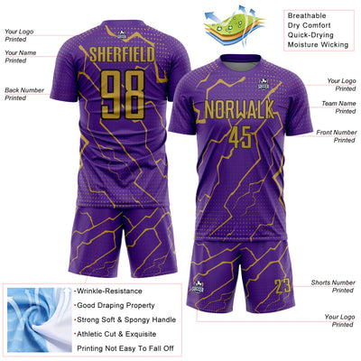 Custom Purple Old Gold-Black Lightning Sports Sublimation Soccer Uniform Jersey