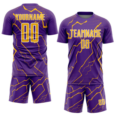 Custom Purple Gold-White Lightning Sports Sublimation Soccer Uniform Jersey