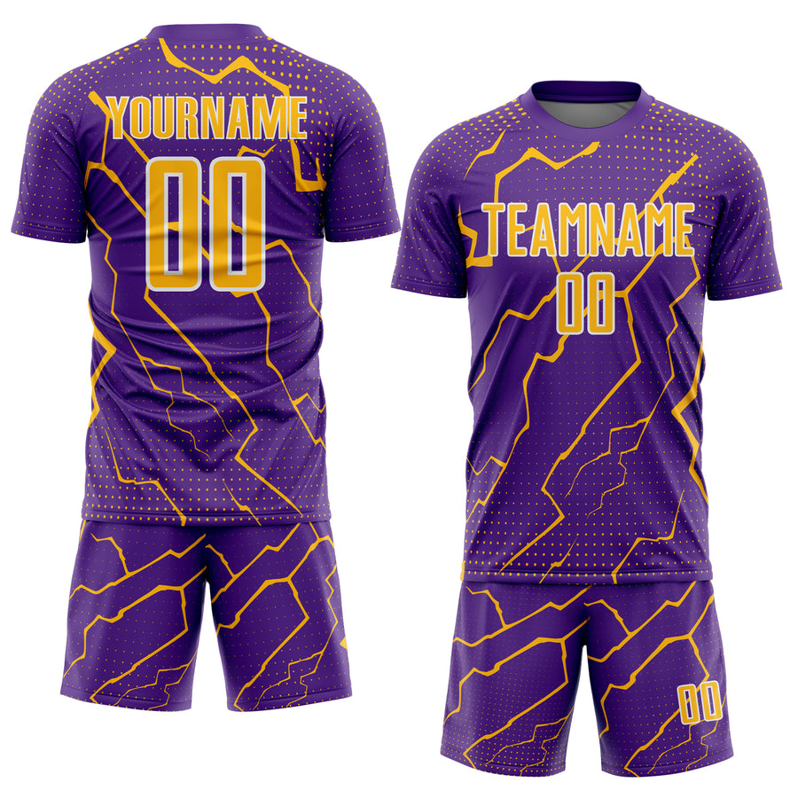 Custom Purple Gold-White Lightning Sports Sublimation Soccer Uniform Jersey