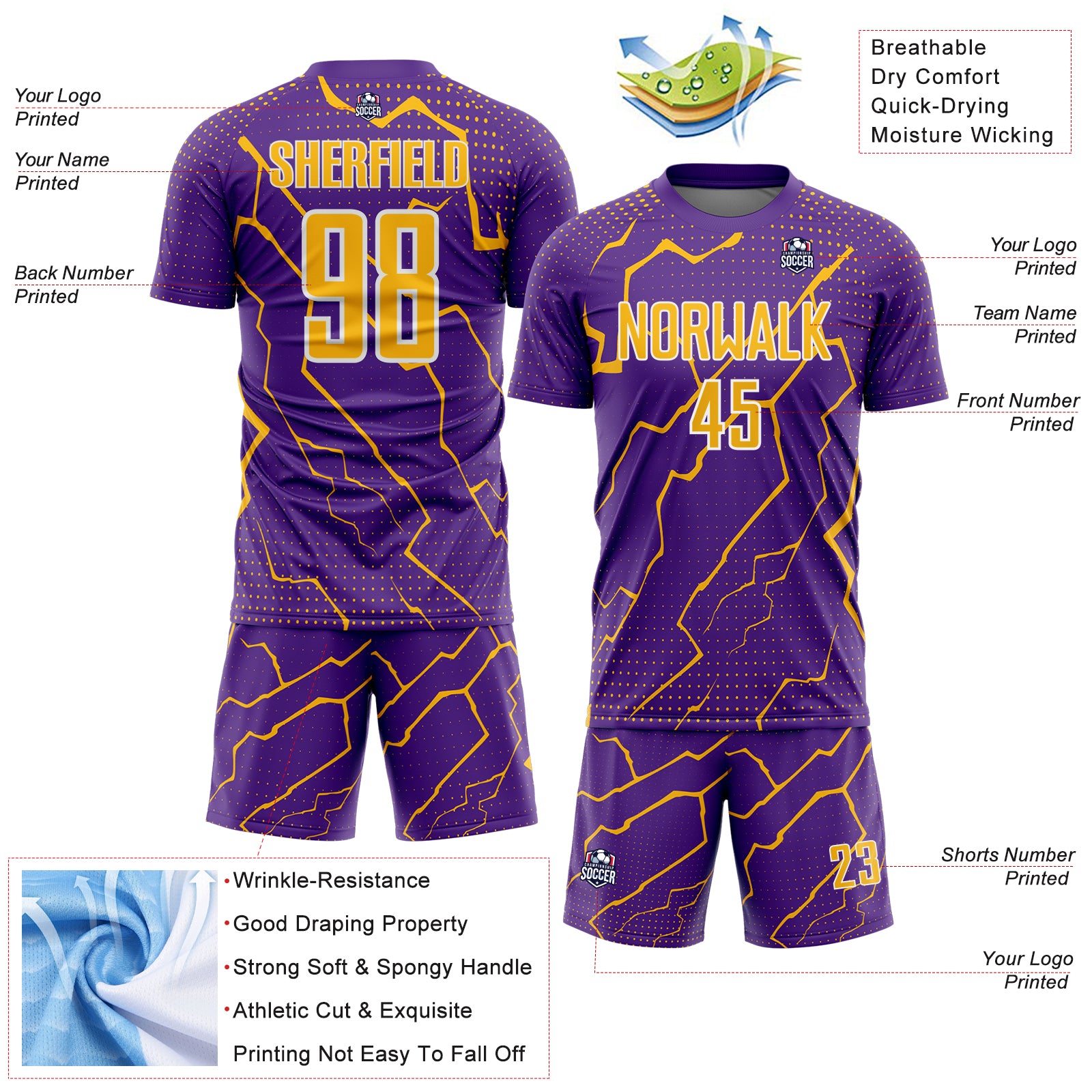 Custom Purple Gold-White Lightning Sports Sublimation Soccer Uniform Jersey
