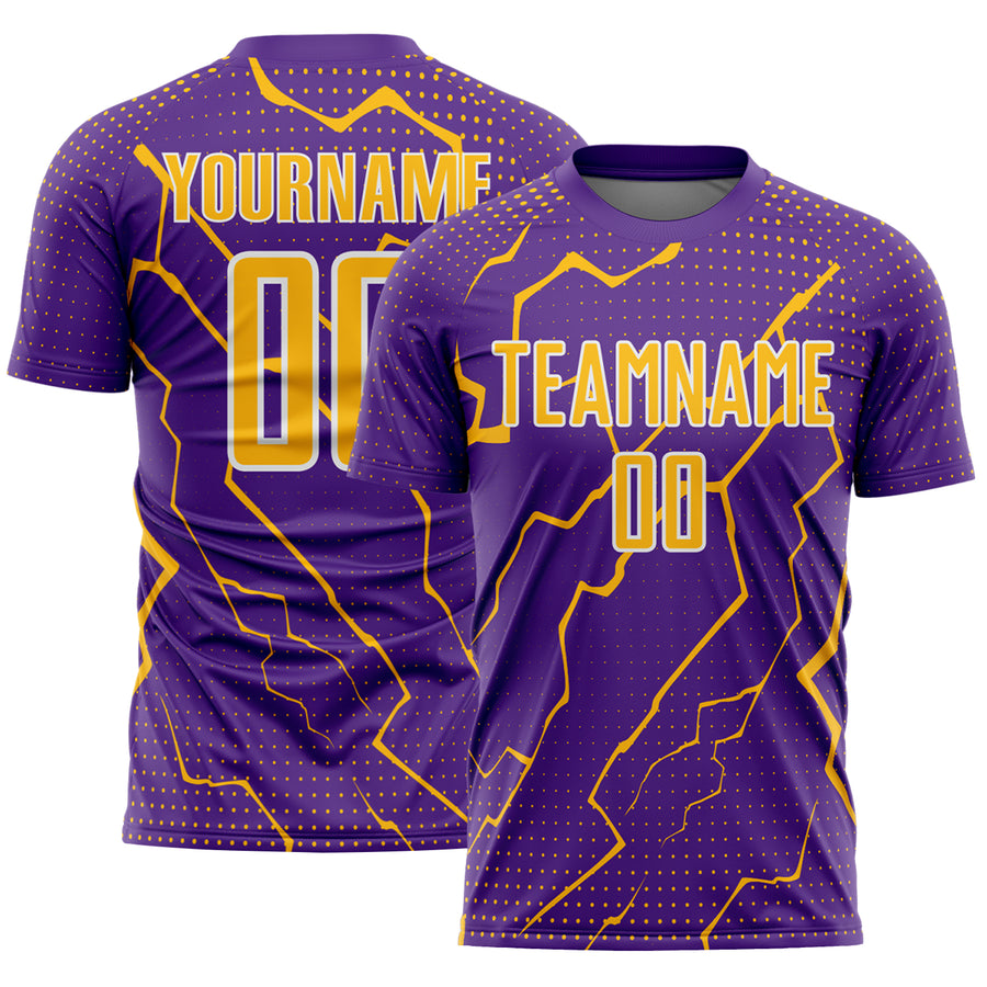 Custom Purple Gold-White Lightning Sports Sublimation Soccer Uniform Jersey
