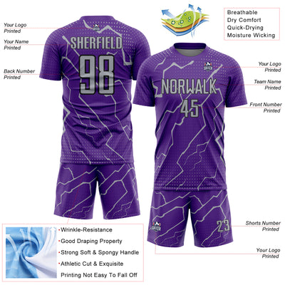 Custom Purple Gray-Black Lightning Sports Sublimation Soccer Uniform Jersey