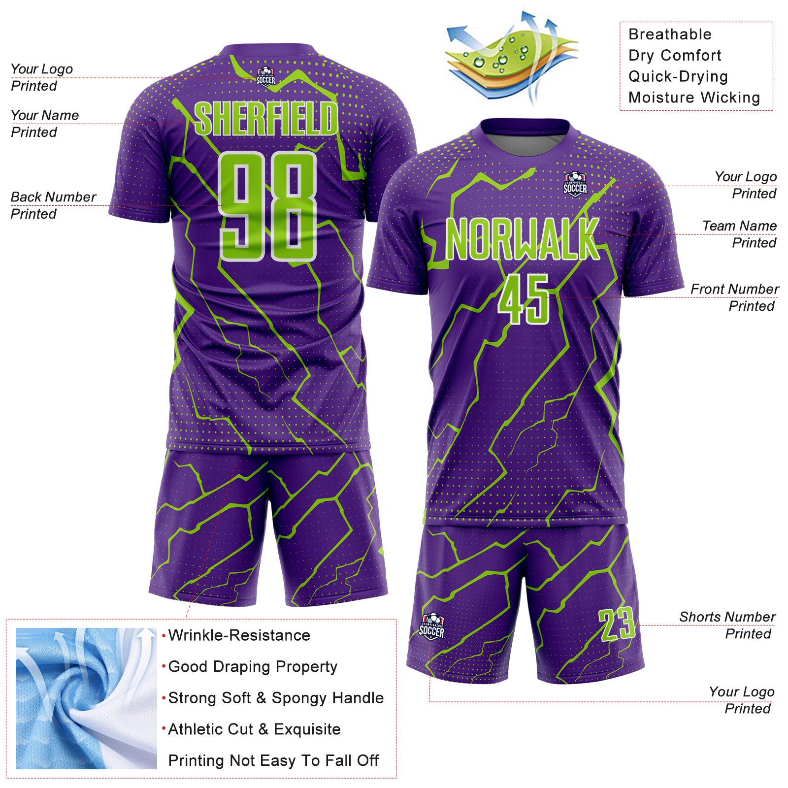 Custom Purple Neon Green-White Lightning Sports Sublimation Soccer Uniform Jersey